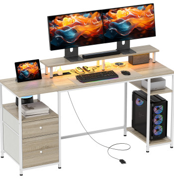 Mesa para computadora Secretaria con Luces LED Prateleiras Gavetas Plug Entrada USB y Soporte para Monitor para Oficina Estudio 155,5x48x75,5 cm Madeira