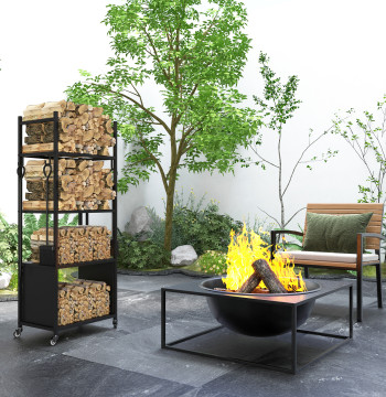 Support en bois à roues 4 niveaux de support en bois plateau pour bois avec pinceau et Tenaz pour intérieur et extérieur 45x30x118 cm noir