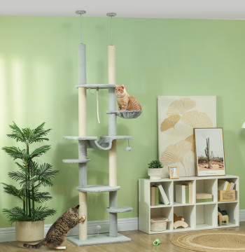 Arrancador para gatos del Chão al Teto 225-255 cm Arranhador para gatos con 7 Niveles Red Plataformas Postes de Arranar Bola Suspensa gris