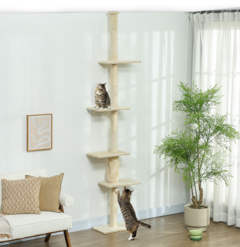 Arranhador para Gatos do Chão ao Teto 225-275 cm Arranhador para Gatos Torre para Gatos com Múltiplas Plataformas Sistema Anti-Tombo Creme
