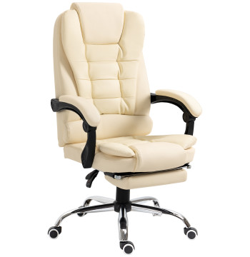 Cadeira de Escritório Reclinável Cadeira de Escritório com Apoio para os Pés Cadeira Executiva Giratória com Altura Ajustável Estofada em PU e Apoio para os Braços 64,5x69x109-117 cm Creme