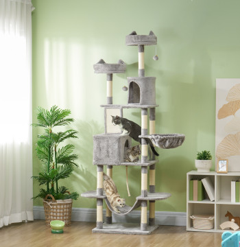 Scratcher pour chats Grande Hauteur 173 cm Scratcher pour chats Tour pour chats avec plates-formes Cave Balls Suspendu et Réseau Gris clair