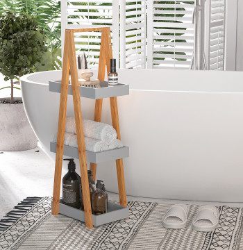 Estante de Bambú para Casa de Banho com 3 Prateleiras de Armazenamento Móvel Organizador para Cozinha Sala de Estar Lavanderia 30x18x81cm Madeira e Cinza