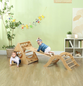 Triángulo de Escalar de Madeira 8 en 1 Juego de aprendizaje para niños de 18-48 Meses con Rampa Escalera en forma de Arco y Bolsa de Areia 175x59,5x60 cm Madeira