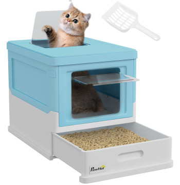 Caixa de Areia para Gatos Dobrável Caixa de Areia para Gatos Fechada com Cobertura Desmontável Bandeja Removível Teto Rebatível Porta de Entrada e Pá 47,5x35,5x36,7cm Azul