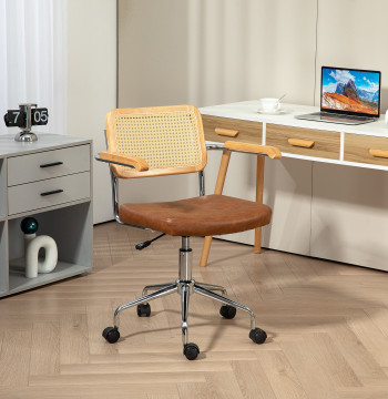 Silla de oficina Giratoria Silla de oficina con Altura ajustable Función Basculante y Encosto de Vime Sintético Silla de Estudio Carga 120 kg 60x55,5x82-90 cm Marrom