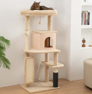 Arranhador para Gatos Grande Altura 132 cm Arranhador para Gatos com Plataformas Postes com Escova Bolas Suspensas e Almofadas para Arranhar Bege