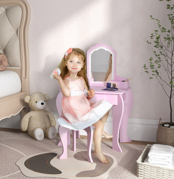 Toucador Infantil para Meninas e Meninos acima de 3 Anos Toucador de Maquilhagem com Banco e Espelho Toucador para Meninas com Gaveta e Caixas de Arrumação em Forma de Nuvem Rosa