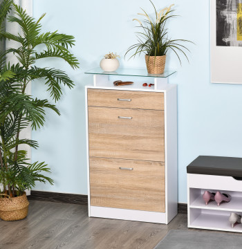 Móvel Sapateira de 2 Portas Sapateira Estreita para 12 Pares de Sapatos com Gaveta Prateleira Aberta e Bancada de Vidro para Corredor Entrada Carga Máx. 50kg 60x24x105,5cm Branco