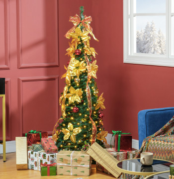 Árvore de Natal 150 cm Árvore de Natal Artificial Dobrável com Luzes LED e Decorações Pré-Instaladas Decoração de Natal para Interior Ø50x150 cm Verde