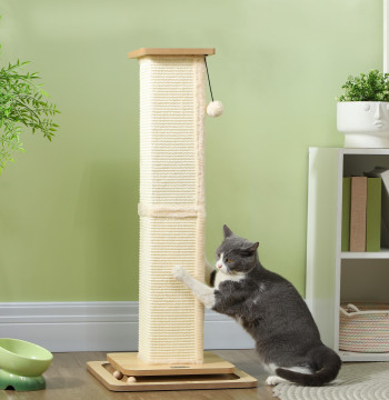 Poste Arranhador para Gatos 87 cm Arranhador para Gatos com Bola Suspensa Trilho com Bola e Poste de Sisal Bege e Madeira