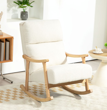 Poltrona Baloiço Moderna Poltrona Baloiço com Pés e Apoio para os Braços de Madeira de Faia Encosto Alto Poltrona de Amamentação Carga 120 kg para Dormitório Sala de Estar 65x90x98 cm Creme