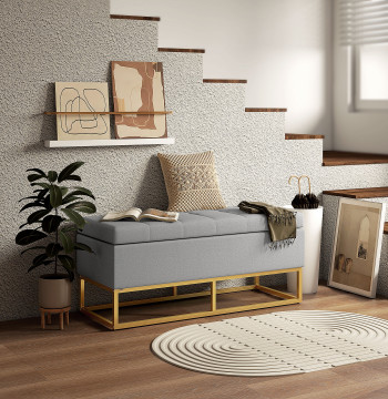Banco de Armazenamento Otomano Retangular Estofado em Linho com Pés de Aço para Sala de Estar Dormitório 110x44x48 cm Cinza