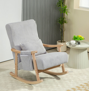 Cadeira de Baloiço, Cadeira de Baloiço em Veludo Cotelê com Almofada Lombar, Estrutura em Madeira, Assento Largo, Bolso Lateral, Estilo Moderno, Carga Máxima 120 kg, para Quarto e Sala, Cinzento