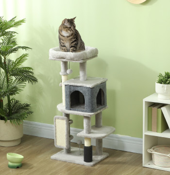 Arranhador para Gatos Grande Altura 104 cm Arranhador para Gatos com Plataformas Postes com Escova Bolas Suspensas e Almofadas para Arranhar Cinza