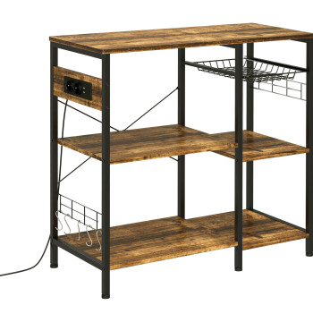 Estante de Cozinha Estilo Industrial Estante de Cozinha com Tomada Elétrica Prateleiras Ajustáveis Ganchos e Cesta Metálica 90x40x83 cm Marrom Rústico