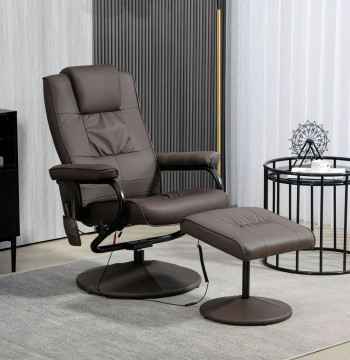 Pistolet de massage électrique avec banque pour soutenir les pieds de Poltrona Relax Swivel inclinant jusqu'à 145° avec télécommande et 10 zones de massage rembourrées en PU 77x84x95 cm Brun foncé