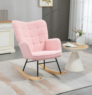 Poltrona Baloiço em Borrego Poltrona de Sala de Estar Oscilação de 40° com Pés de Madeira de Faia e Estrutura de Aço para Dormitório Carga Máxima 120 kg 71x98x101 cm Rosa