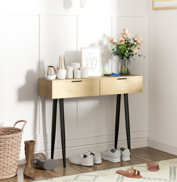 Mesa Consola Móvel para Entrada com 2 Gavetas e Pés de Aço Consola para Entrada Corredor 100x30x80,5 cm Carvalho