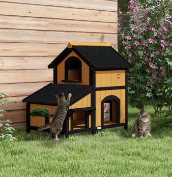 Casa per Gatti di Legno con Supporto per Fiori 96x65x85,5 cm Casa per Gatti di 2 Livelli con Asphalt Ceiling Finestra e voci multiple Legno e Nero