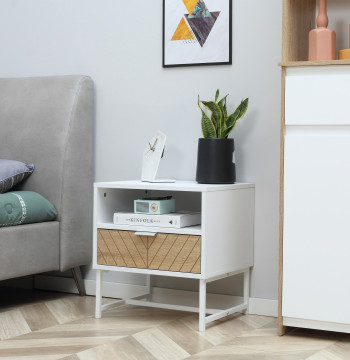 Table de tête moderne tête de lit avec tiroir et compartiment tête de lit pour dorme salon 45x39x48 cm Blanc et chêne