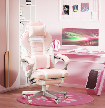 Silla Gaming Reclinable con Altura Ajustable, Apoyo a los Pés Retrátil, Soporte Lombar y Almohada de Cabeza Removible, para Oficina, Estudio, Rosa