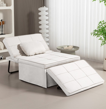 Sofá Cama individual 3 en 1 Estofado en Linho Sofá Reclinable en 5 Posiciones con apoyo para los Pés y Apoyo para la Cabeza para Sala de Estar Carga Máxima 200kg 95x189x43 cm Blanco Gelo