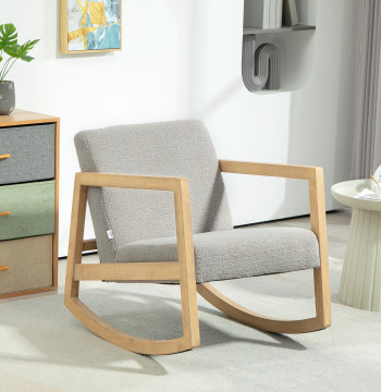 Poltrona Baloiço Estofada em Tecido em Borrego Poltrona Baloiço com Assento Acolchoado Apoio para os Braços e Pés de Madeira de Borracha para Sala de Estar Dormitório 60x81x71 cm Cinza