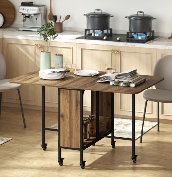 HOMOM Mesa de Cozinha Dobrável Mesa de Refeição Dobrável com Rodas Laterais Abatíveis e Prateleira Mesa Dobrável para Sala de Jantar 130x80x74 cm Marrom