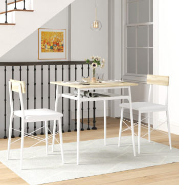 Conjunto de Refeição de 3 Peças Conjunto 1 Mesa de Cozinha 70x70x75 cm e 2 Cadeiras 40x50x80 cm com Prateleira de Armazenamento e Estrutura de Aço Branco e Madeira