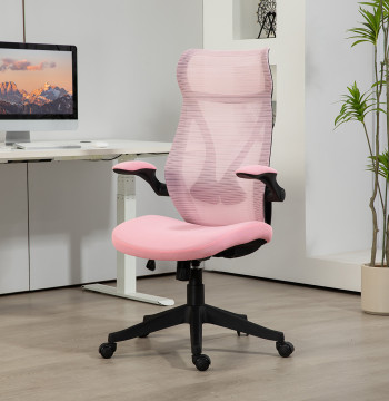 Cadeira de Escritório em Malha Cadeira de Escritório Giratória com Altura Ajustável Apoio para os Braços Dobráveis e Função Basculante Cadeira para Estúdio Carga 120 kg 66x66x113-121 cm Rosa
