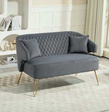 Sofá de 2 Lugares Estofado em Veludo Sofá Sala de Estar com 2 Almofadas Apoio para o Braço e Pés de Aço Dourado Sofá Pequeno Carga 240 kg para Dormitório Escritório 124x69x76 cm Cinza