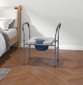 Cadeira Higiénica 4 em 1 Cadeira com Sanita de Alumínio Cadeira de Duche com Altura Ajustável e Almofadas Antiderrapantes Carga 136 kg para Pessoas com Deficiência Grávidas 64x53x70-82 cm Cinza