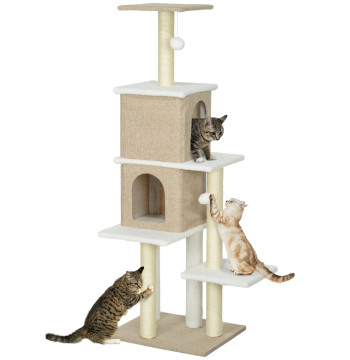 Cat Scratcher in Borrego Altezza 140 cm Scratcher per gatti con 2 Grotte Piattaforme Palli sospeso e Clear Brown Sisal Post