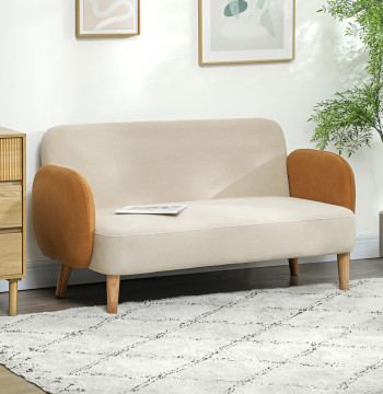Sofá de 2 Lugares Estofado en Veludo Sofá de Sala de estar con apoyo para los Brazos y Pés de Madeira Sofá Pequeño Carga 240 kg para Dormitorio Oficina 130x74x76 cm Bege y Ocre