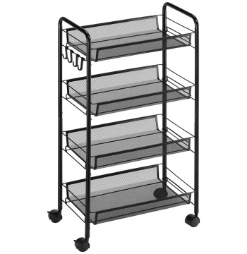 Carrinho Auxiliar com Rodas Carrinho de Cozinha de 4 Níveis Carrinho de Armazenamento com 4 Ganchos Carga 12 kg para Sala de Jantar Casa de Banho 45x26,5x84 cm Preto