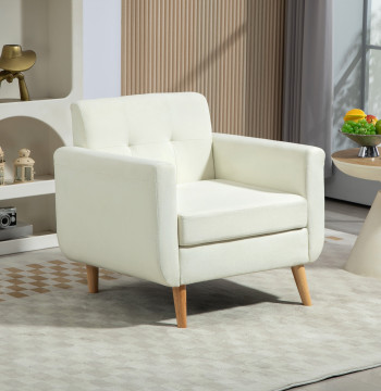 Poltrona Sala de Estar Moderna Poltrona Dormitório com Apoio para os Braços e Pés de Madeira Sofá Individual para Escritório Carga 125 kg 78x70x75 cm Creme