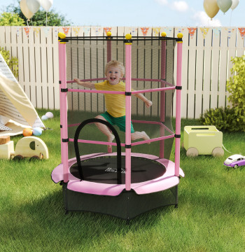Lit élastique pour enfants Ø140x190 cm Trampoline pour enfants +3 ans avec réseau de sécurité et structure en acier pour intérieur et extérieur rose