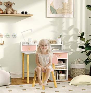 Set di Segreteria e Sedia per Bambini sopra i 3 anni Tavolo di studio con Mensola per Libri e Cassettiera Carico 80 kg 85x48x73 Rosa e Bianco