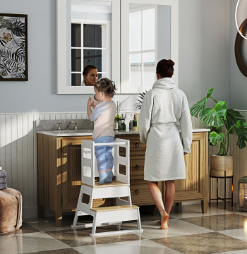 Tour d'apprentissage 2 en 1 Tour d'apprentissage pour les enfants de plus de 3 ans avec ardoise et barrière de sécurité pour salle de bains Cuisine 55x52,5x87,5 cm Blanc