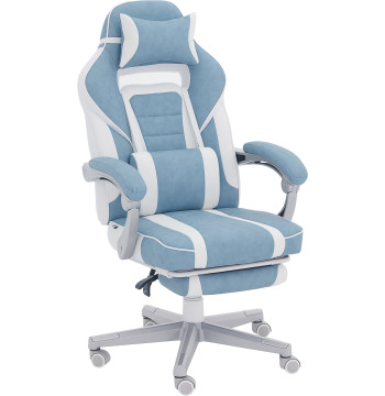 Cadeira Gaming Reclinável com Altura Ajustável, Apoio para os Pés Retrátil, Suporte Lombar e Almofada de Cabeça Removível, para Escritório ou Estudo, Azul