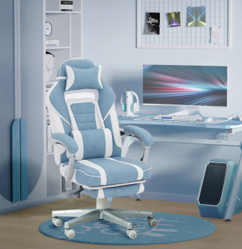 Silla Gaming Reclinable con Altura Ajustable, Apoyo a los Pés Retrátil, Soporte Lombar y Almohada de Cabeza Removible, para Oficina o Estudio, Azul