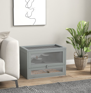 Gaiola de Madeira para Hamsters Gaiola para Roedores Gaiola para Pequenos Animais com 2 Níveis Plataforma Rampa 60x35x42 cm Cinza