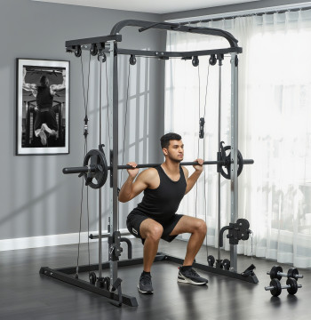 Máquina Multi Estação de Musculação Máquina de Musculação com Suporte para Agachamentos e Barra para Pesos Máquina Multi Estação para Treino Fitness em Casa 210x132x225 cm Preto