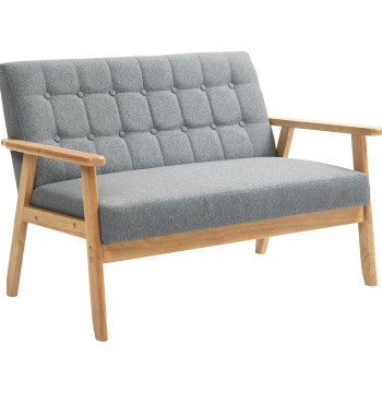 Sofá 2 Lugares Sofá Estofado em Linho com Apoio para os Braços de Madeira Encosto Acolchoado Carga 250 kg Poltrona para Sala de Estar Dormitório 114x75x76 cm Cinza Claro