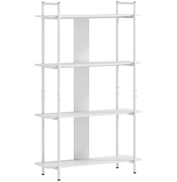 Bibliothèque de 4 niveaux de bibliothèque avec panneau percé et structure métallique Stand pour Studio Room Dorm Office 100x35x160.5 cm Blanc