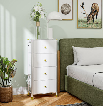 Cómoda para Dormitório Cómoda de Tecido com 4 Gavetas Dobráveis com Frentes de Couro PU e Estrutura de Aço Cómoda para Dormitório 46x30x98 cm Branco