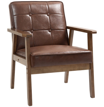 Poltrona Sala de Estar Estofada em PU Poltrona Sala de Estar com Apoio para os Braços e Estrutura de Madeira de Borracha Poltrona para Dormitório Sala de Estar Carga 120 kg 64x66x80 cm Marrom