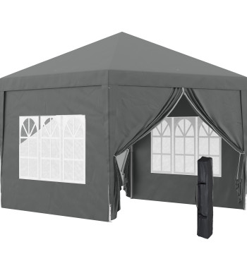 Tenda de Jardín con Paredes Amovibles Ventanas Porta con Fecho de Correr y Bolsa de Transporte 295x295x196-258 cm Cinzento