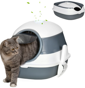 Caixa de Areia para Gatos Dobrável Caixa de Areia para Gatos Fechada Caixa de Areia para Gatos com Pá 52x41x38 cm Branco e Cinza